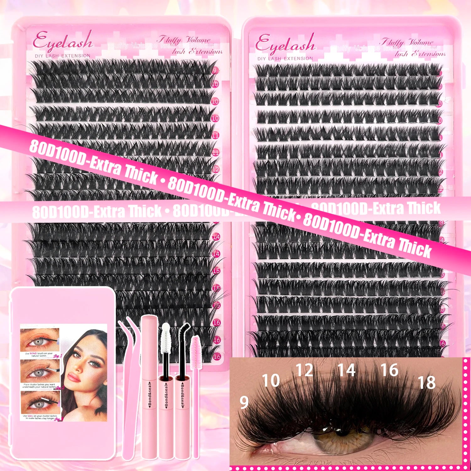 DIY Lash Extension Kit Clusters  Eyelashes Kit 9-16mm with Bond and Seal Wispy