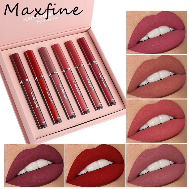 6 Color Matte Lip Gloss Set Moisturizes Long Lasts Water Proofs