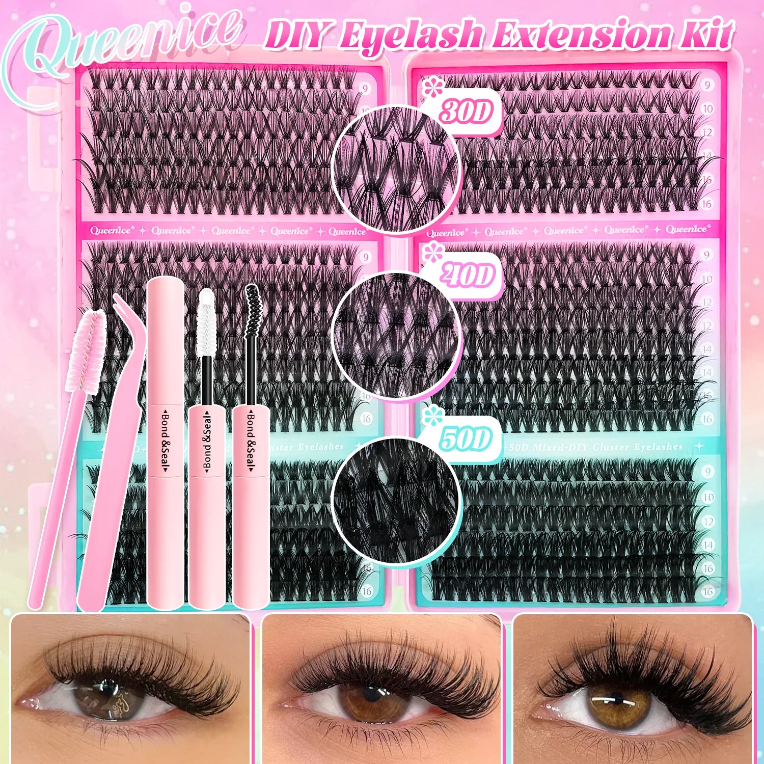 DIY Lash Extension Kit Clusters  Eyelashes Kit 9-16mm with Bond and Seal Wispy
